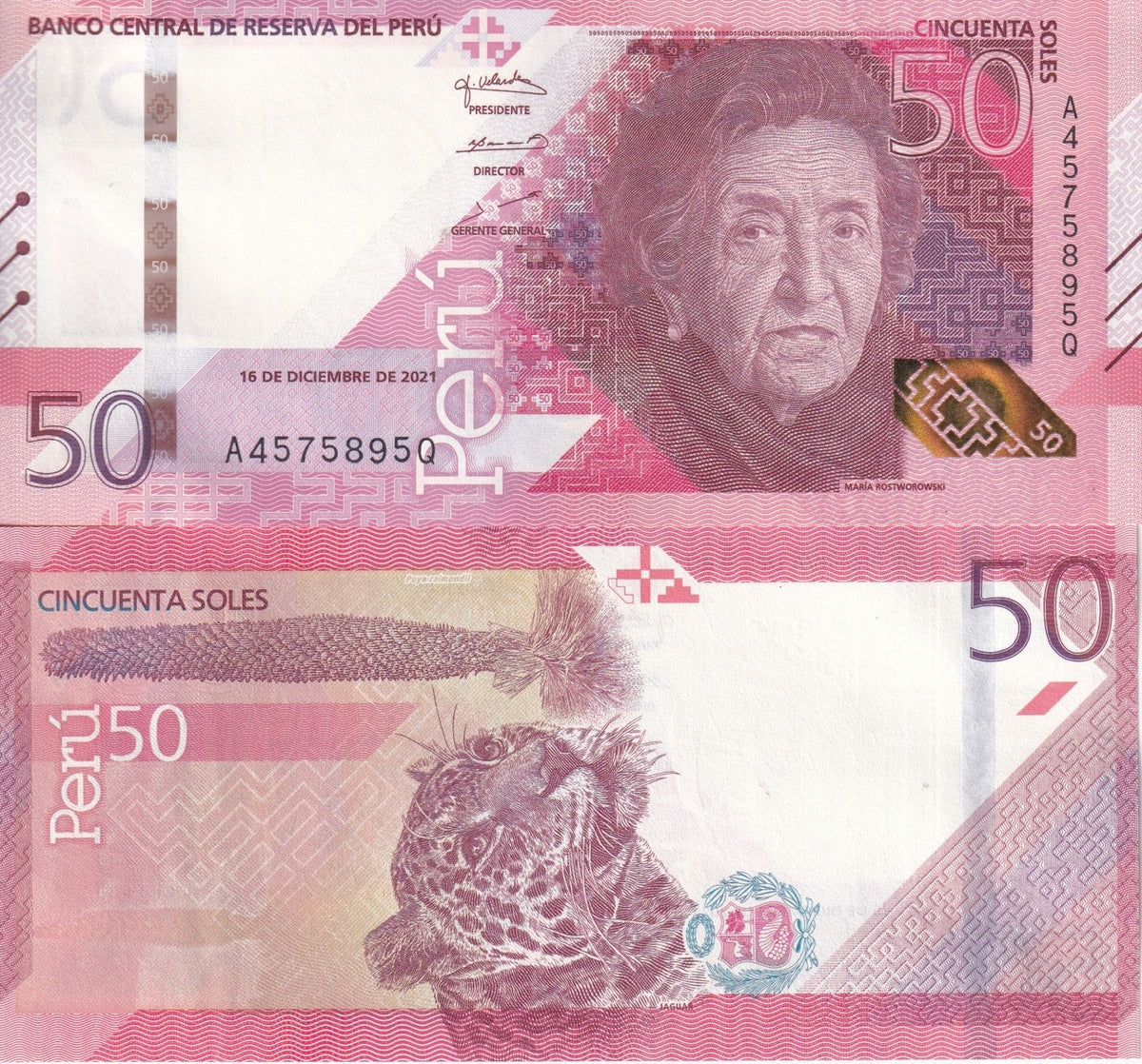 Peru 50 Soles 2021 P 198 New Sign Jaguar UNC Maria Rostworowski