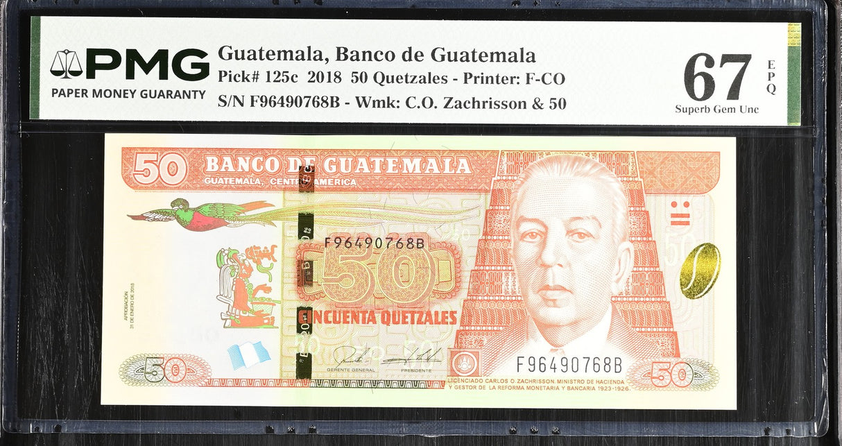 Guatemala 50 Quetzal 2018 P 125 c Superb Gem UNC PMG 67 EPQ