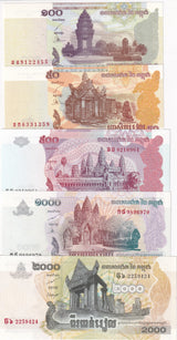 Cambodia Set 5 Pcs 50 100 500 1000 2000 Riels Mix Year P 52 53 54 55 58 59 UNC