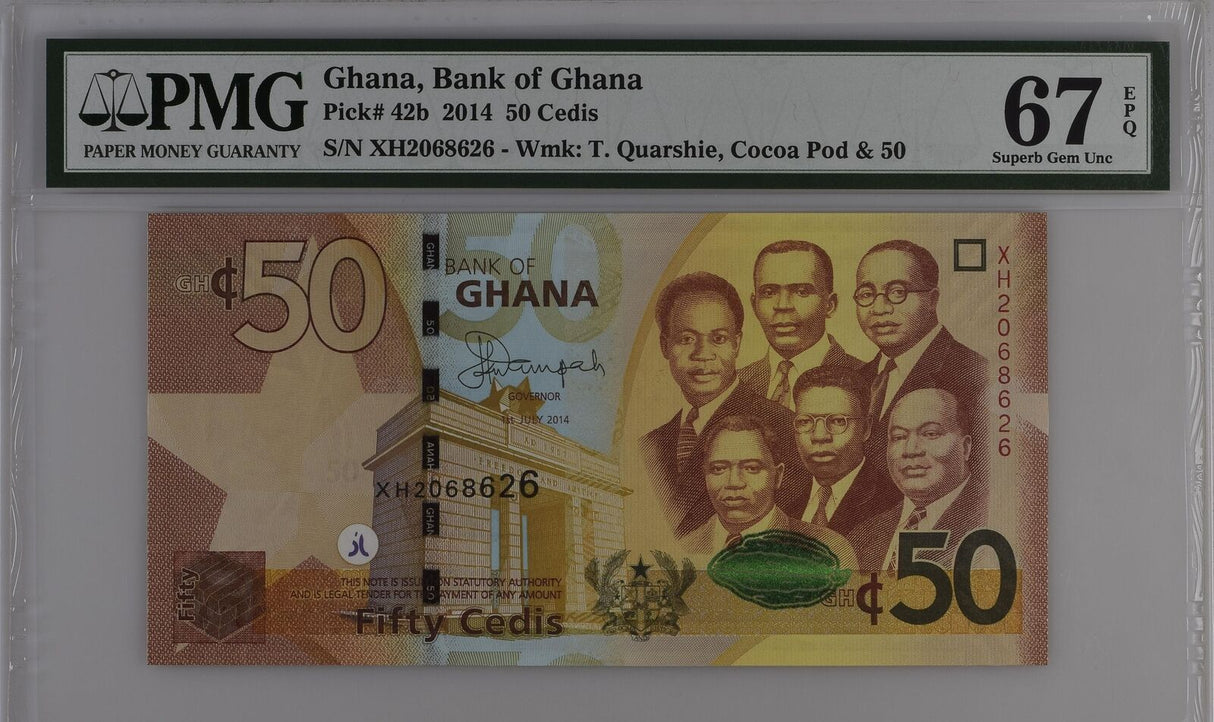 Ghana 50 Cedis 2014 P 42 b Superb Gem UNC PMG 67 EPQ