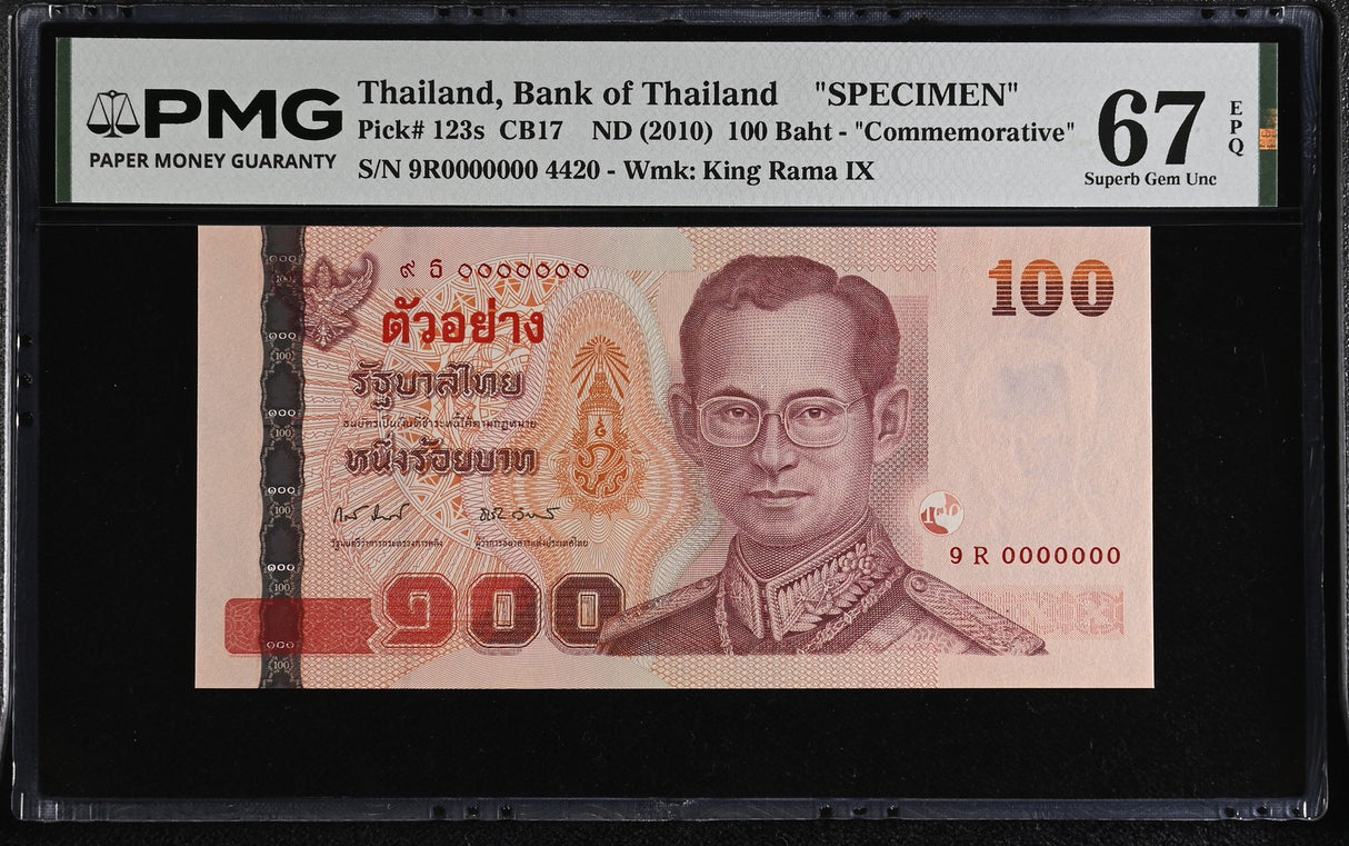 Thailand 100 Baht ND 2010 P 123 s SPECIMEN Comm. Superb Gem UNC PMG 67 EPQ