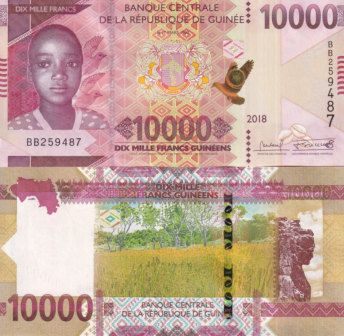 Guinea 10000 Francs 2018 P 49Aa UNC , Mount Loura, Lady of Mali