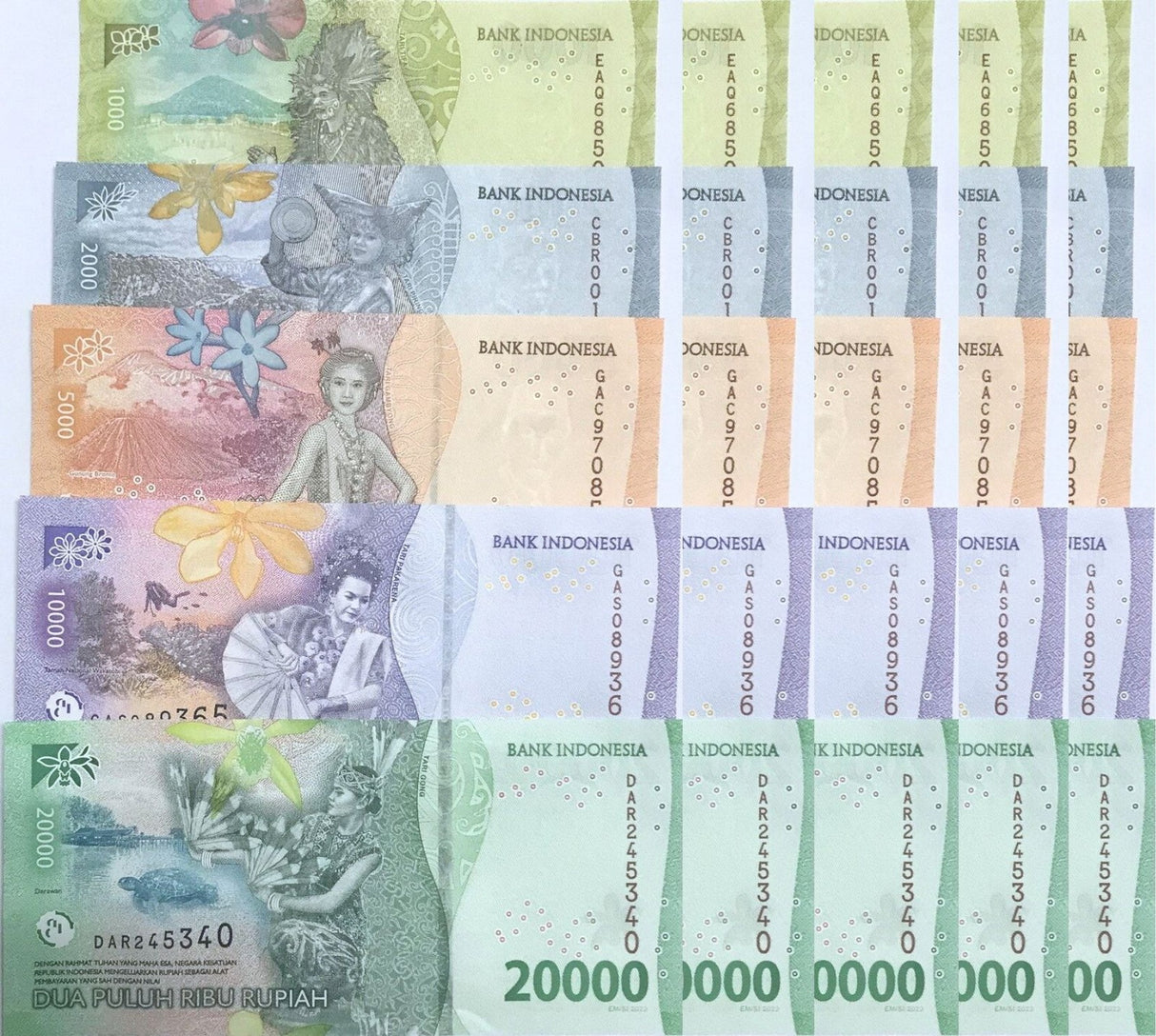 Indonesia Set 5 X LOT 5=25 UNC 1000 2000 5000-20000 Rupiah 2022 P 162-165 166