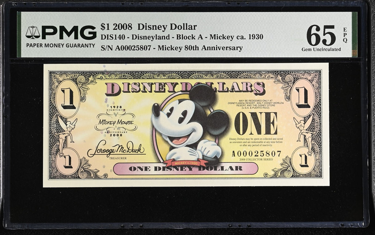 USA Disney 1 Dollar 2008 Mickey 80th Anniversary Gem UNC PMG 65 EPQ