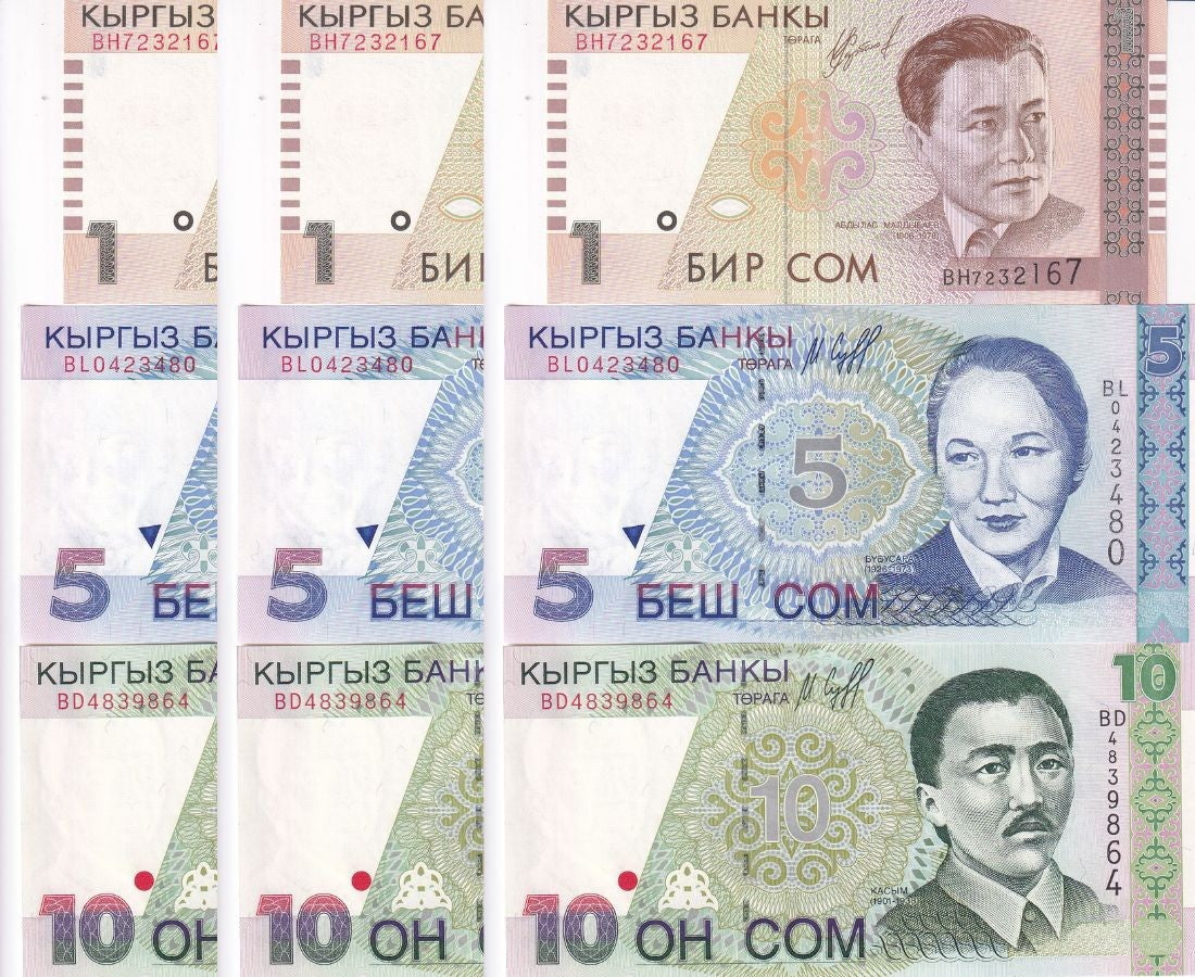 Kyrgyzstan Set 3 X Lot 3 UNC 1 5 10 Som 1997 - 1999 P 13 14 15