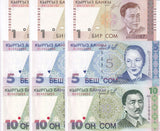 Kyrgyzstan Set 3 X Lot 3 UNC 1 5 10 Som 1997 - 1999 P 13 14 15