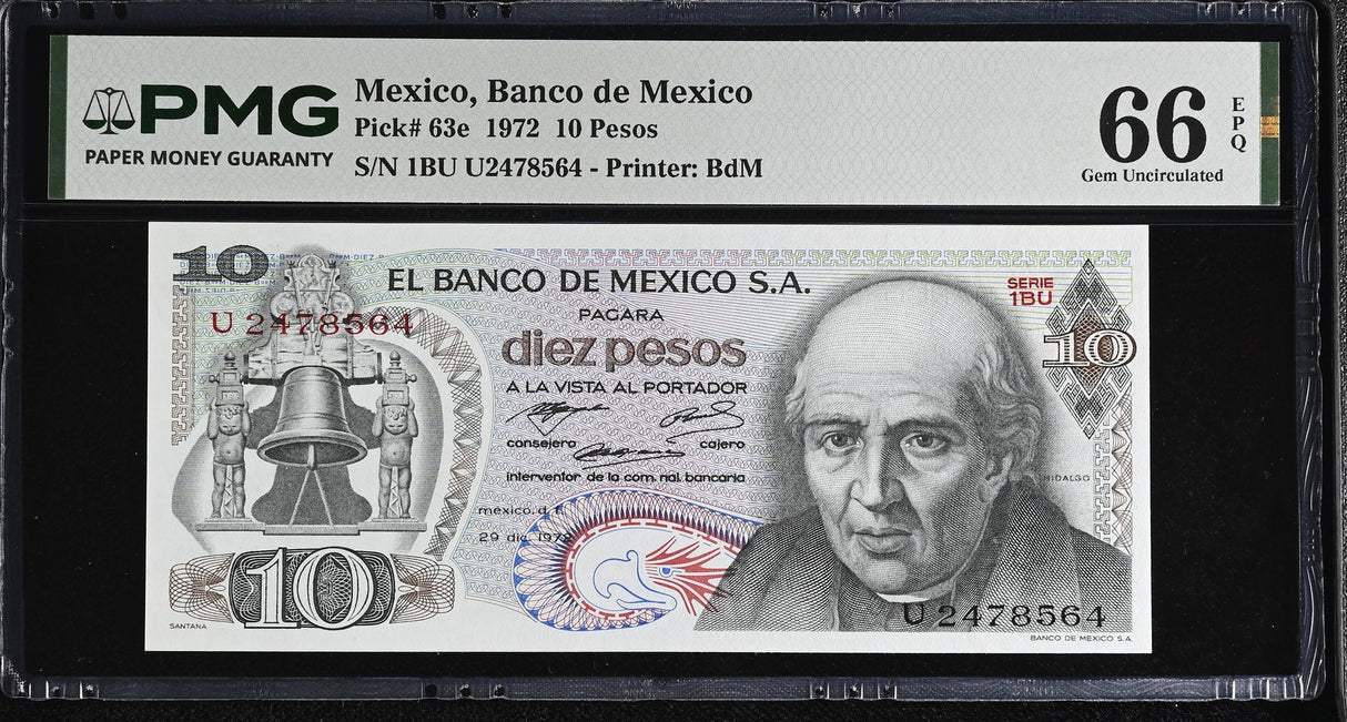 Mexico 10 Pesos 1972 P 63 e Gem UNC PMG 66 EPQ Dolores Hidalgo cathedral