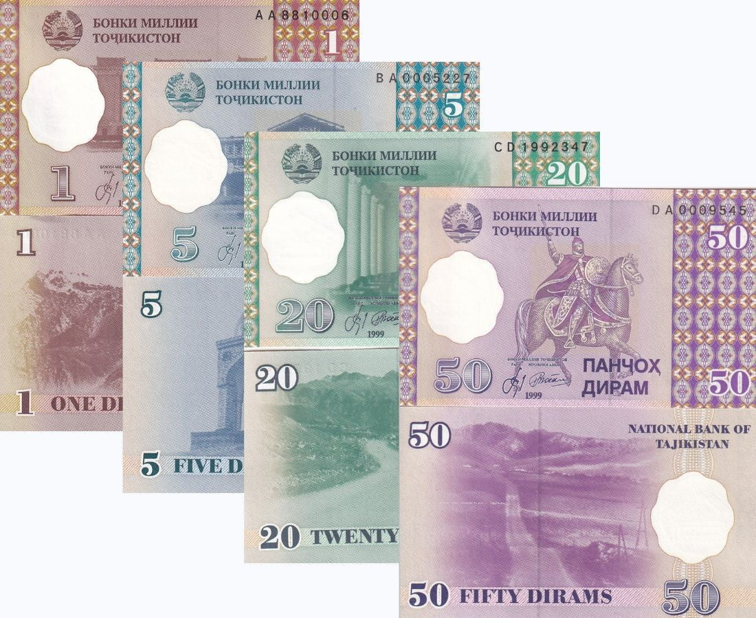 Tajikistan Set 4 Pcs 1 5 20 50 Diram 1999 P 10 11 12 13 UNC