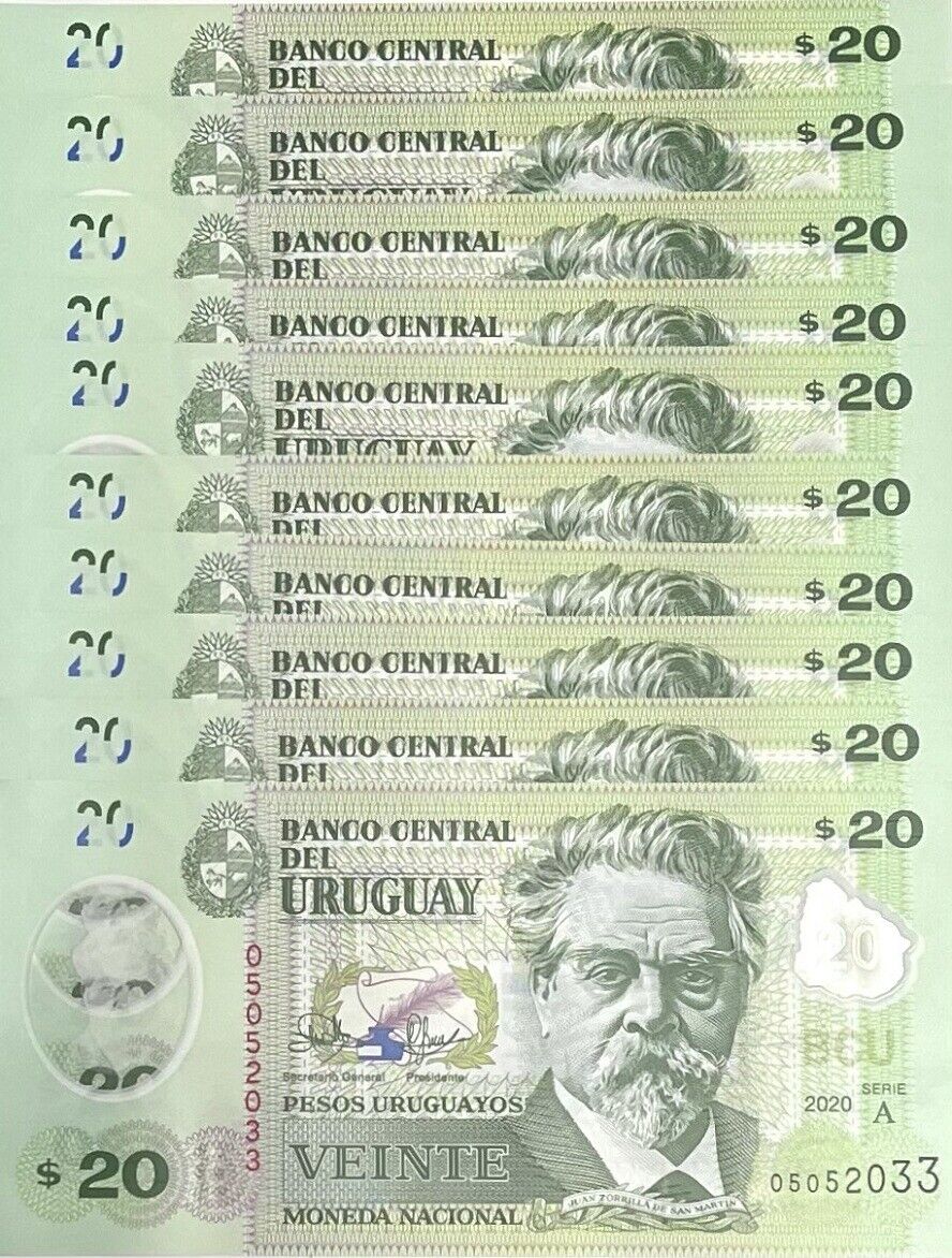 Uruguay 20 Pesos 2020 P 101 Polymer UNC LOT 10 PCS