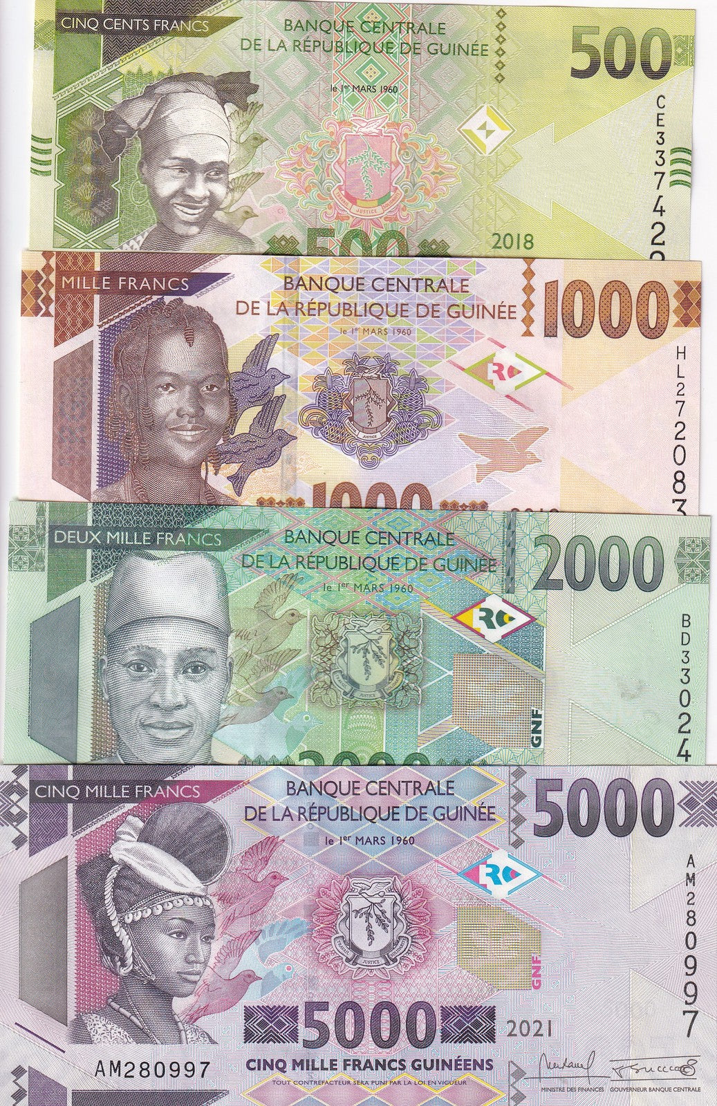 Guinea Set 4 PCS 500 1000 2000 5000 Francs 2018 - 2021 P 48 48Aa 49 52 UNC