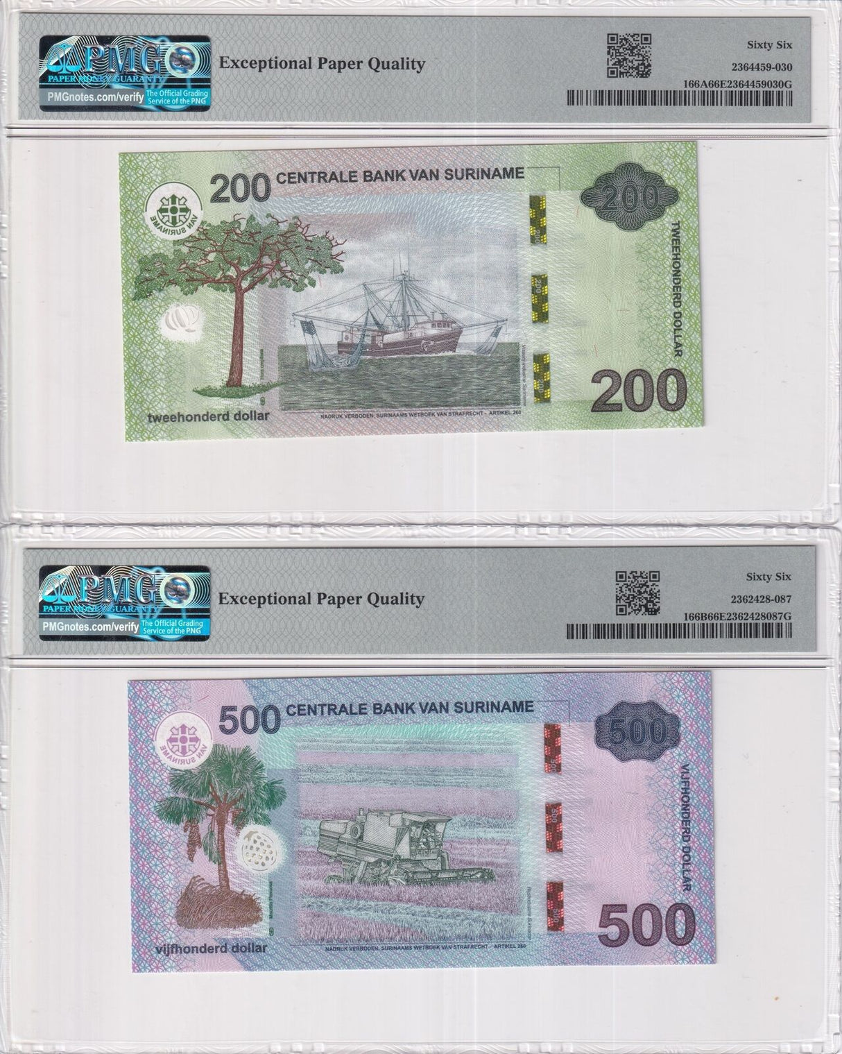 Suriname SET 2 ;200 500 dollars 2024 P 166A P 166B NEW Denom Gem UNC PMG 66 EPQ