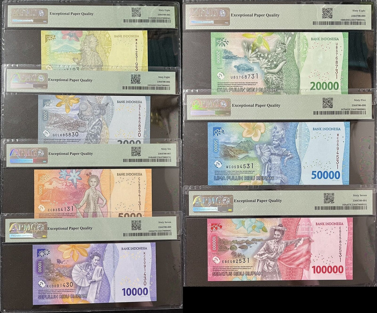 Indonesia Set 7, 1000 -100000 Rupiah P162-168 Superb Gem UNC PMG 65 66 67 68 EPQ