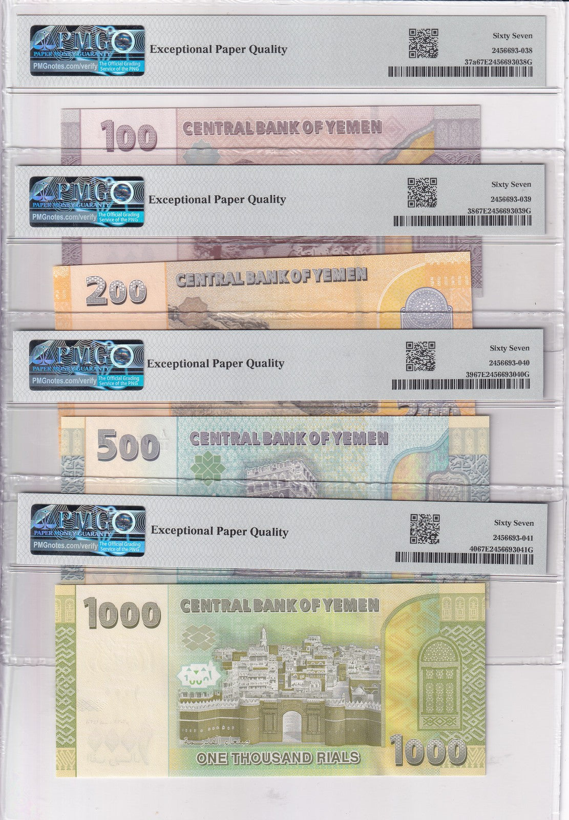 Yemen Set 4; 100 200 500 1000 Rials 2017 2018 P 39-P40 Superb Gem UNC PMG 67 EPQ