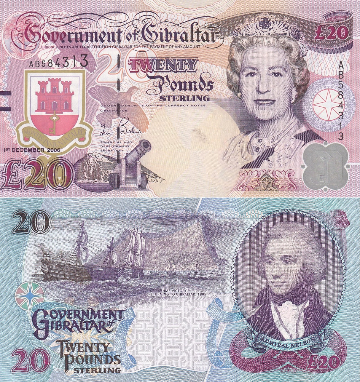 Gibraltar 20 Pounds 2006 P 33 UNC , HMS Victory returning to Gibraltar QEII