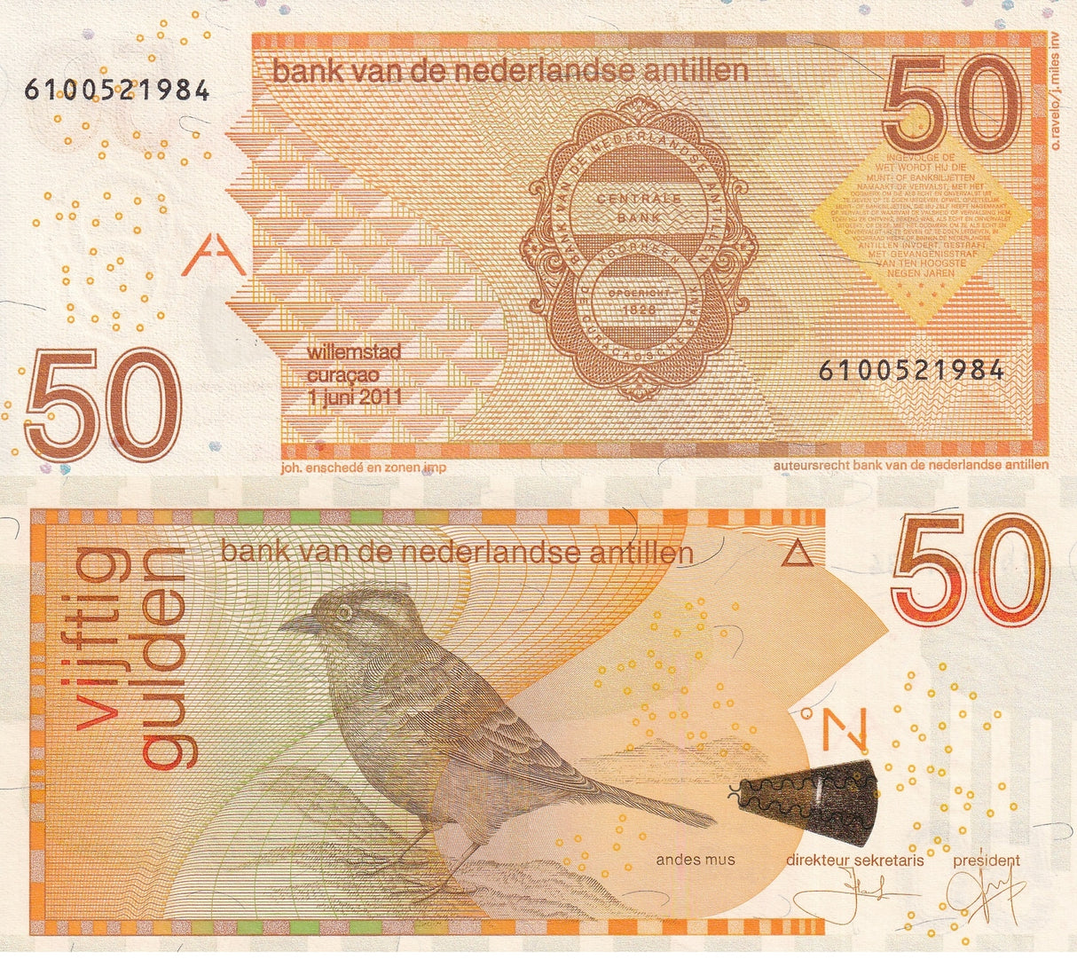 Netherlands Antilles 50 Gulden 2011 P 30 e UNC ,Rufous-collared sparrow