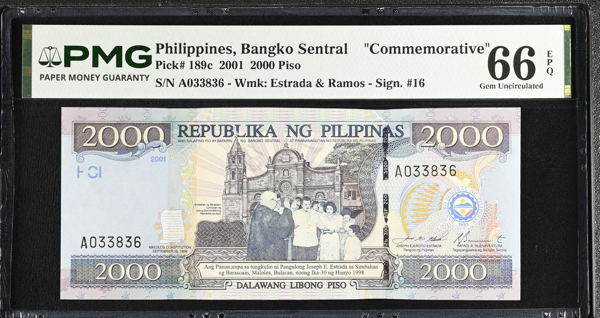 Philippines 2000 Piso 2001 P 189 c Commemorative Gem UNC PMG 66 EPQ