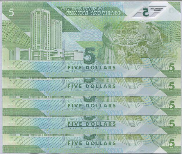 Trinidad & Tobago 5 Dollars 2020/2021 Polymer P 61 UNC LOT 5 PCS