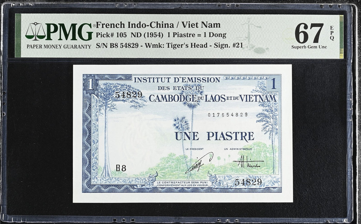 French Indochina 1 Piastre ND 1954 P 105 VIETNAM Superb Gem UNC PMG 67 EPQ