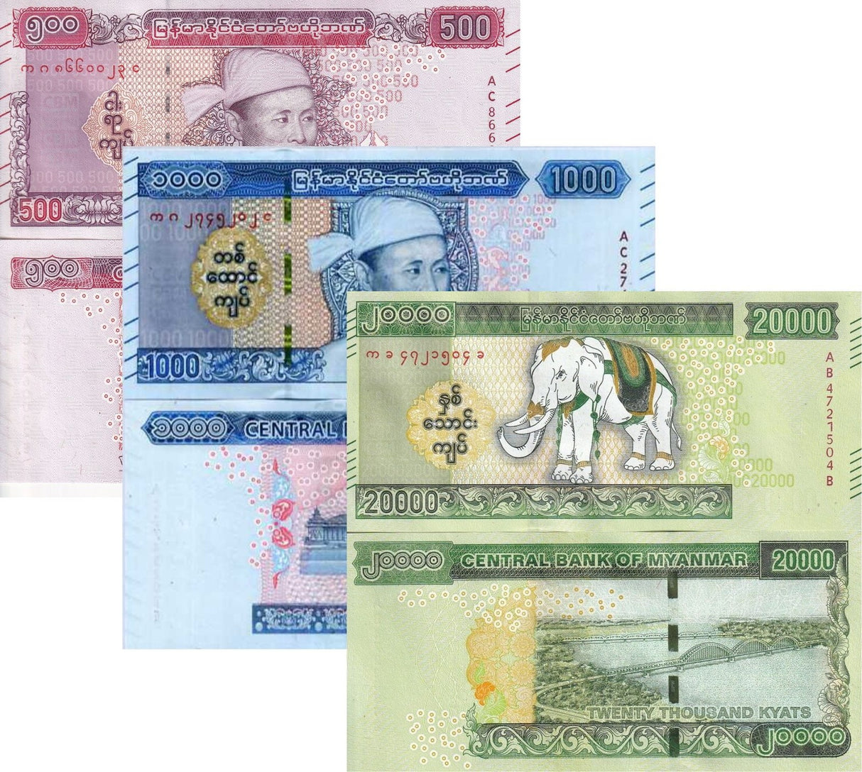 Myanmar Set 3 AU-UNC 500 1000 20000 Kyats ND 2019 2020 2023 P 85 86 87