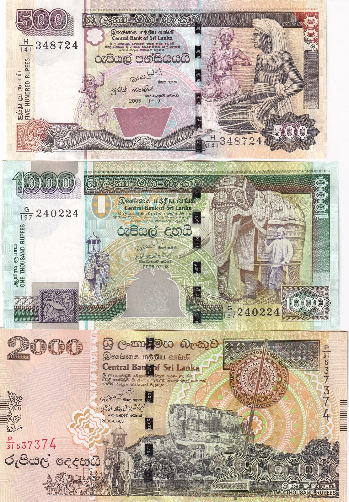 Sri Lanka SET 3 UNC 500 1000 2000 Rupees 2005-2006 P 119 120 121