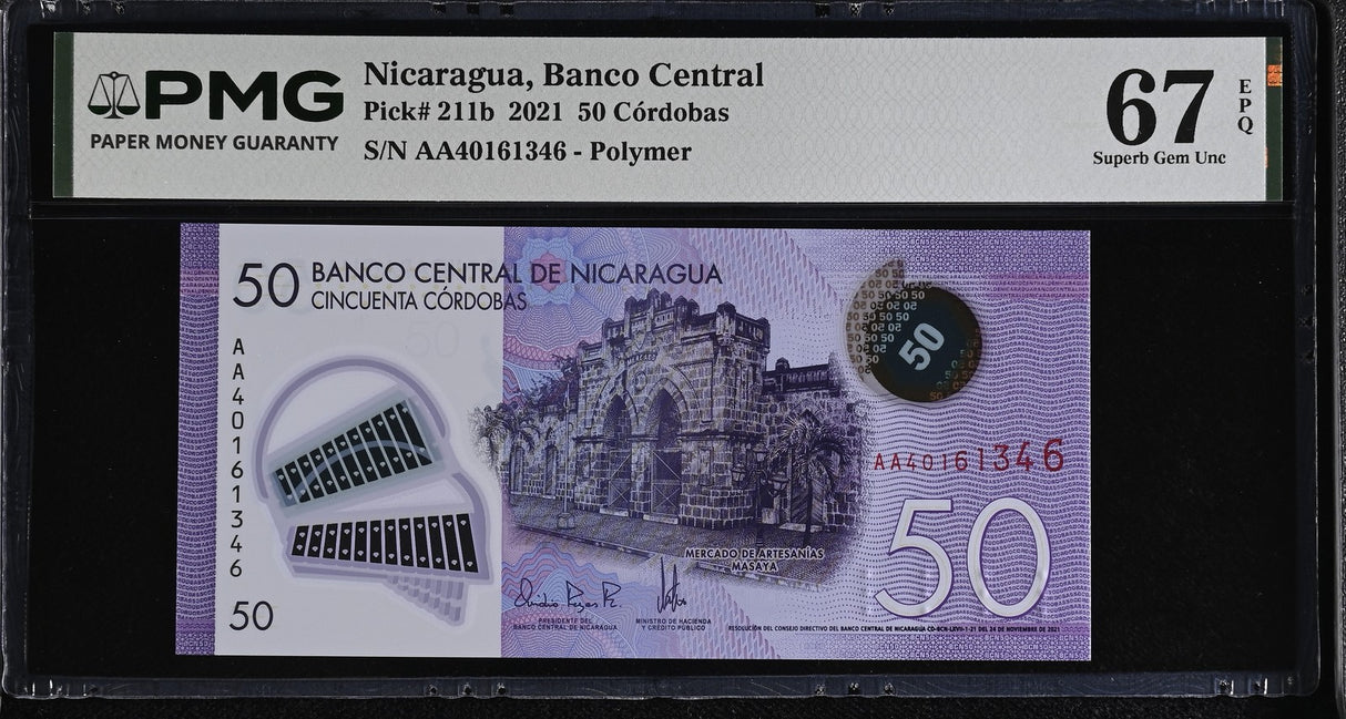 Nicaragua 50 Cordobas 2021 P 211 b Polymer Superb Gem UNC PMG 67 EPQ