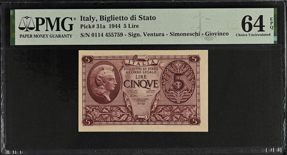 Italy 5 Lire 1944 P 31 a Choice UNC PMG 64 EPQ