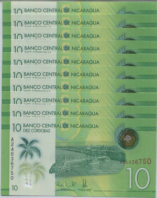 Nicaragua 10 Cordobas 2014 P 209 Polymer UNC LOT 10 PCS ,La Vaquita ,Managua