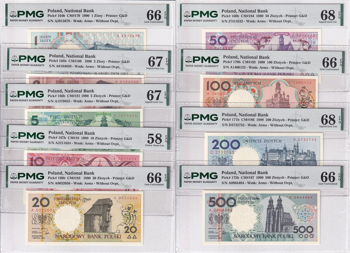 Poland Set 9; 1 2 5-20-500 Zlotych 1990 P164-172 Gem UNC PMG 58 66 67 68 EPQ