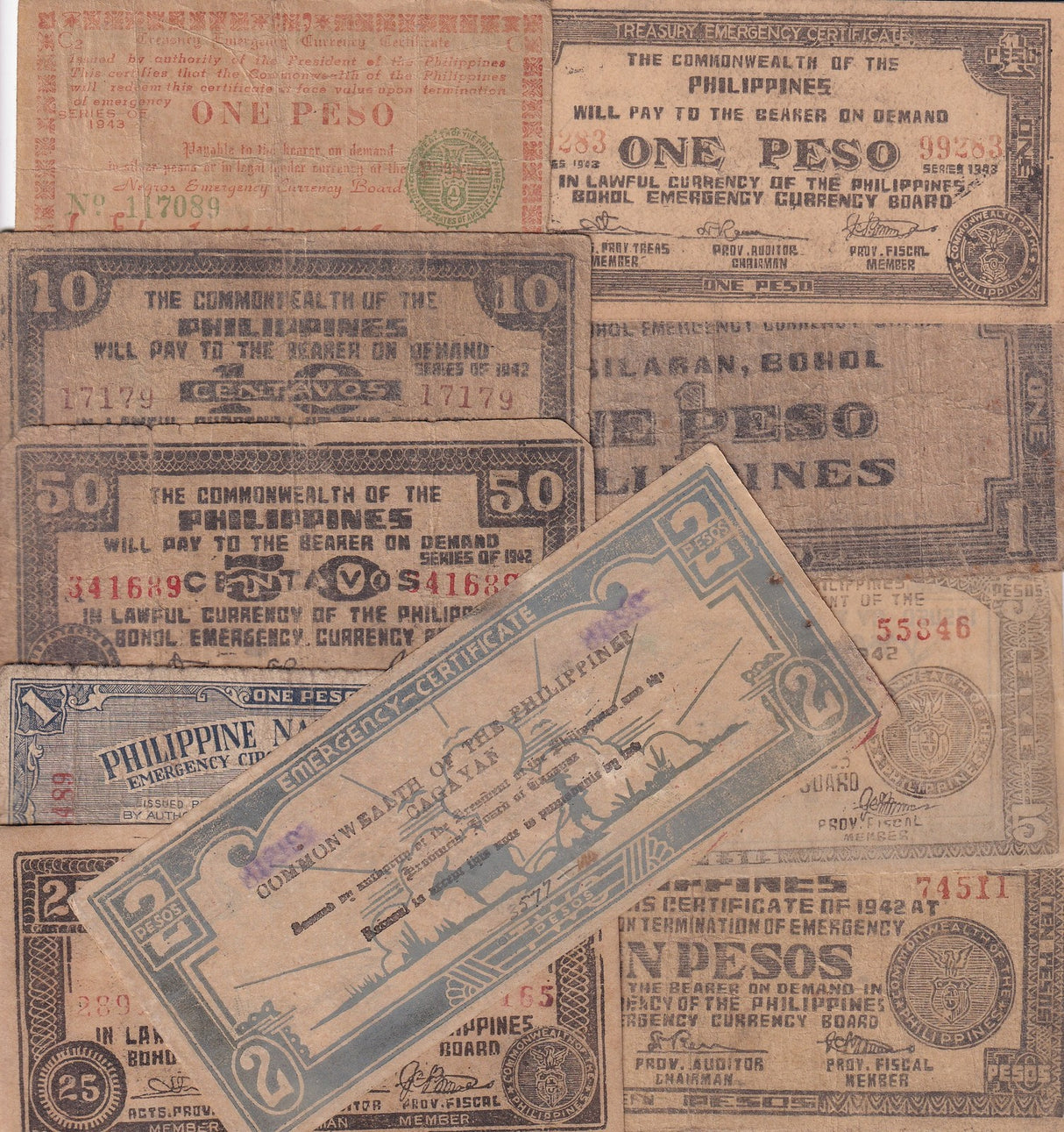 Philippines Set of 10 Death Sentence Guerilla Money of World War II Circulated