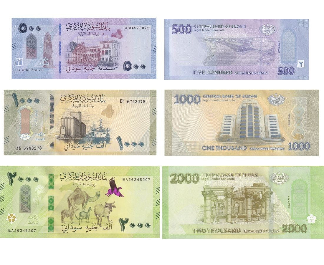 Sudan set 3 UNC 500 1000 2000 Pounds 2024 2025 2026 P New Design