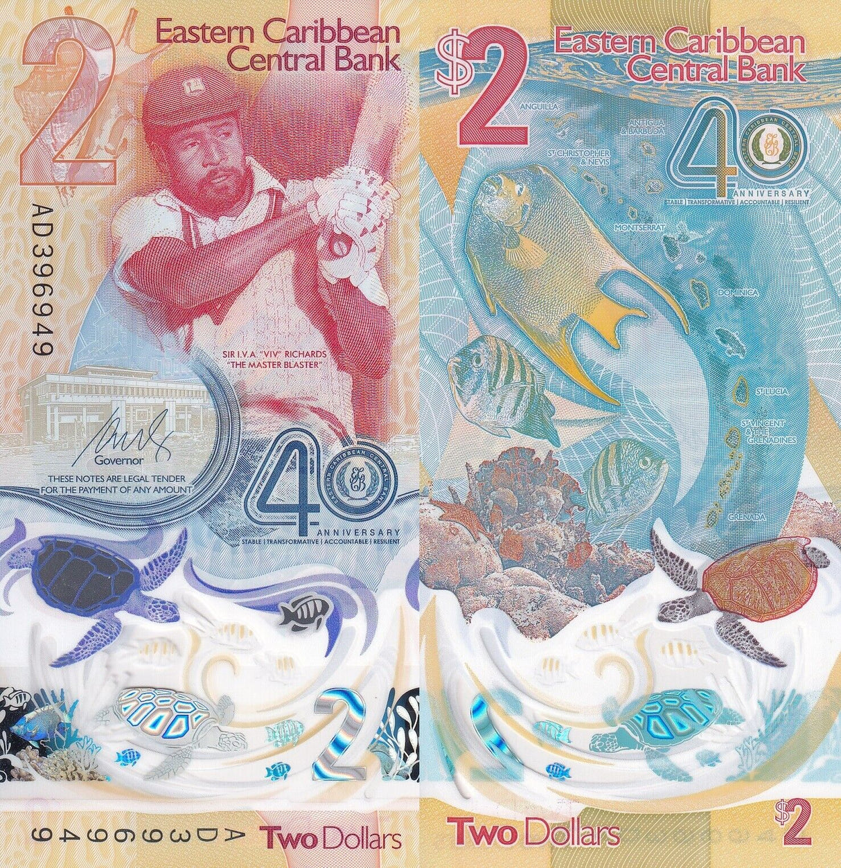 East Caribbean 2 Dollars 2023 2024 40th P 61 Polymer Comm. UNC With Folder