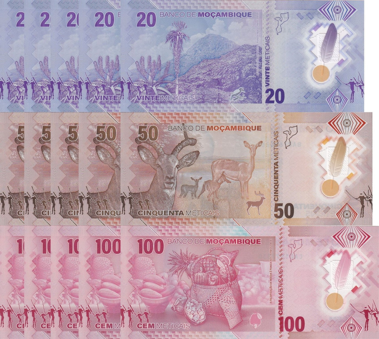 Mozambique set 3 X LOT 5=15 UNC 20 50 100 Meticais 2024 Polymer P 155 156 157