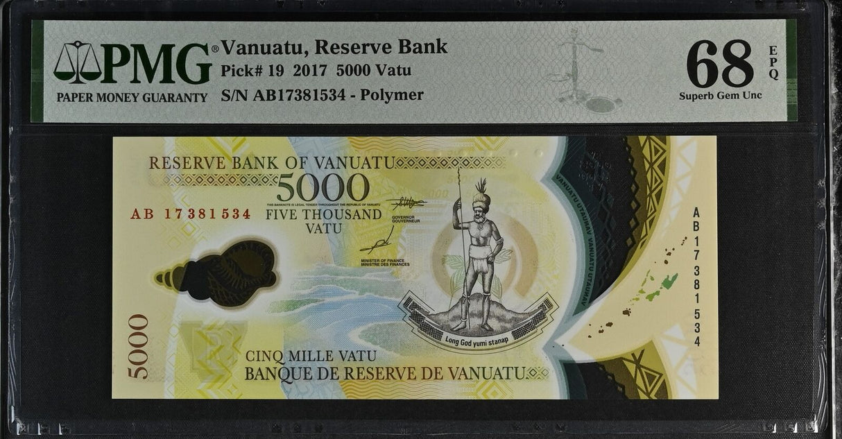 Vanuatu 5000 Vatu 2017 P 19 AB Prefix Polymer Superb Gem UNC PMG 68 EPQ