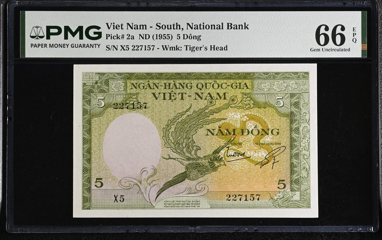 Vietnam 5 Dong ND 1955 P 2 a Gem UNC PMG 66 EPQ WTM Tiger's Head