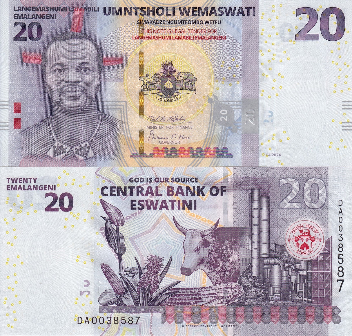 Eswatini 20 Emalangeni Swaziland 2024 P B44 Flower Corn pineapple COW UNC
