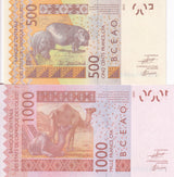 WAS Burkina Faso Set 2 UNC 500 1000 Francs 2026 P 319C P 315C UNC, West african