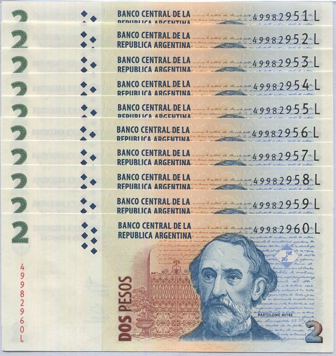 Argentina 2 Pesos ND 2012 P 352 Mixed Suffix UNC LOT 10 PCS