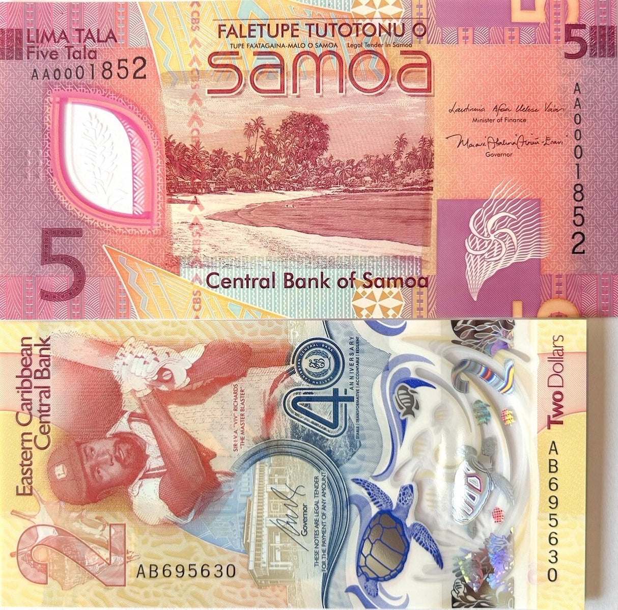 SET 2 Polymer 2023 2024 East Caribbean 2 Dollars & Samoa 5 tala P NEW COMM. UNC