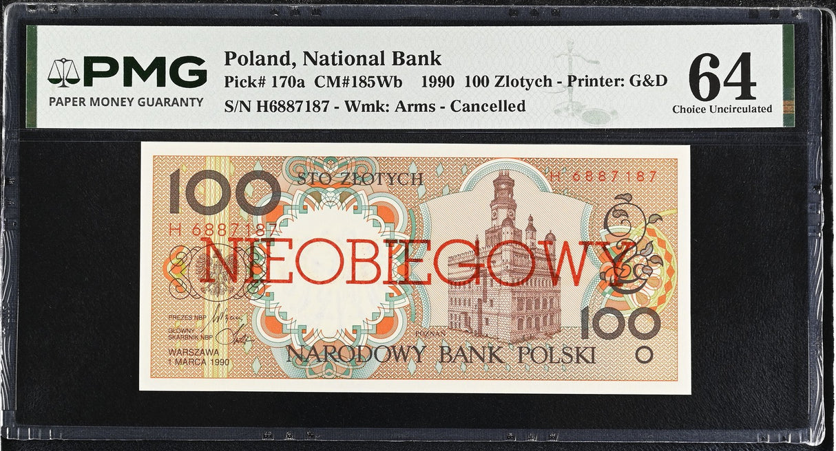 Poland 100 Zlotych 1990 P 170 a Cancelled Choice UNC PMG 64