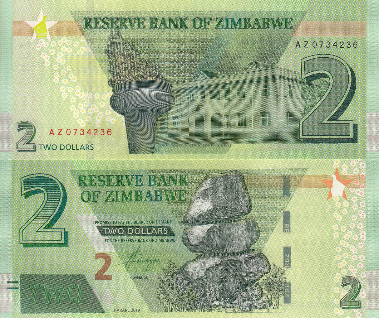 Zimbabwe 2 dollars 2019 P 101 AZ Replacement UNC