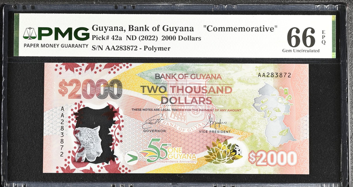 Guyana 2000 Dollars ND 2022 Commemorative P 42 a Polymer Gem UNC PMG 66 EPQ