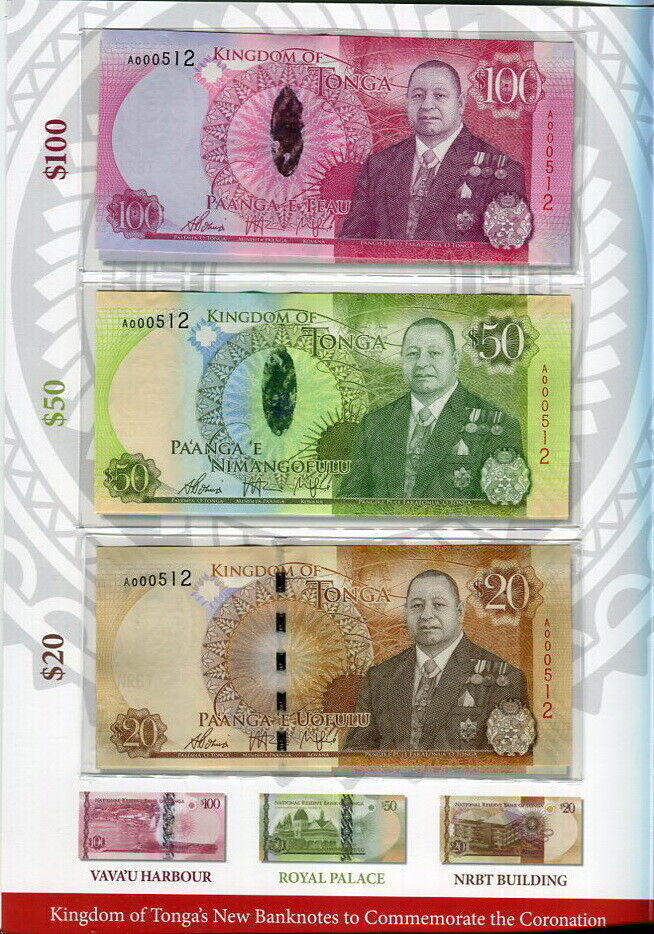 Tonga Set 6 UNC 2 5 10 20 50 100 Pa'anga ND 2015 P 44-49 With Hand Signed Folder