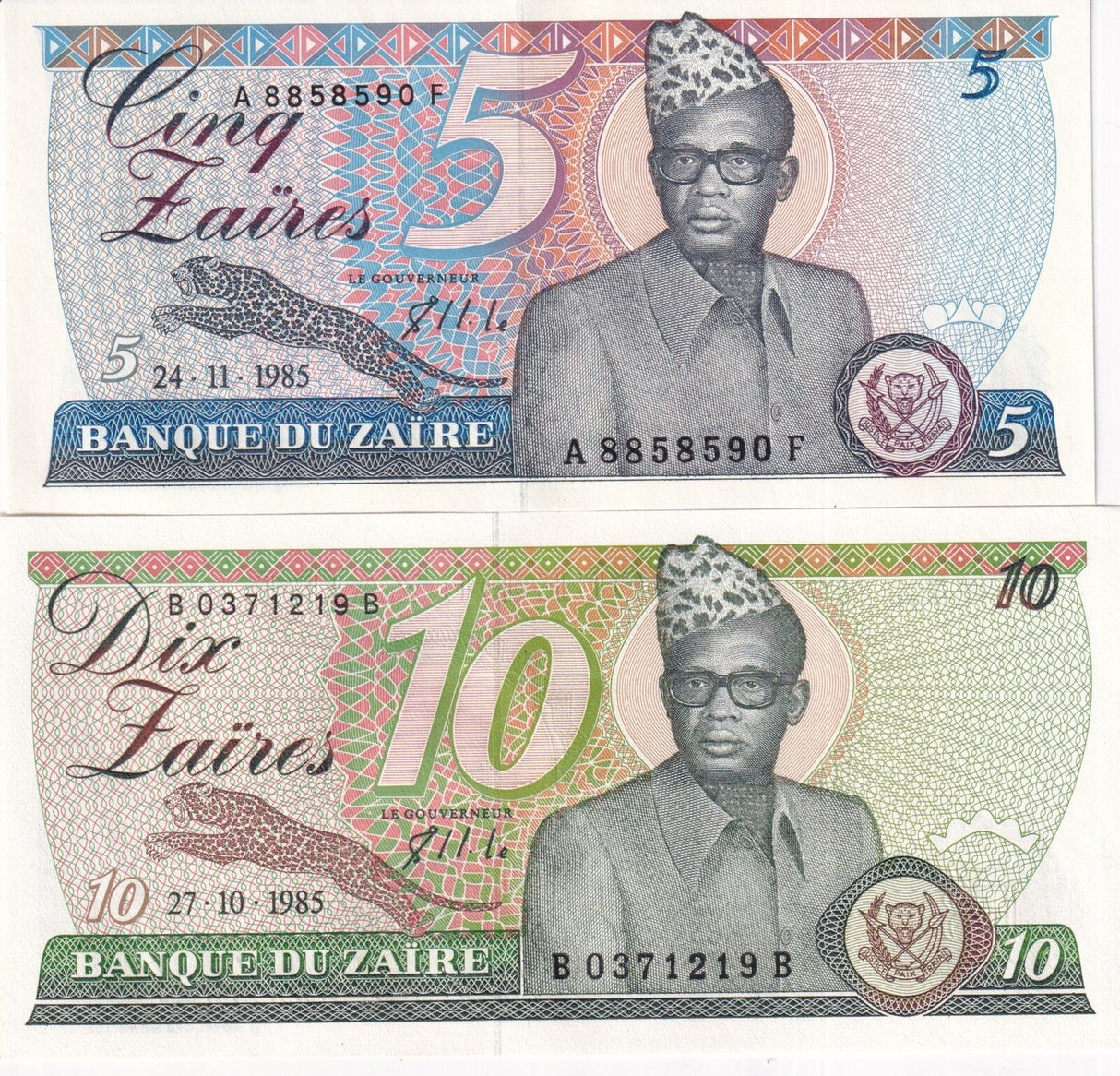 Zaire Set 2 PCS 5 10 Zaires 1985 P 26A P 27A UNC