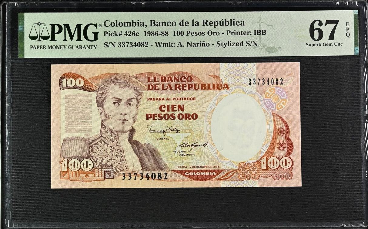 Colombia 100 Pesos Oro 1988 P 426 c Superb Gem UNC PMG 67 EPQ