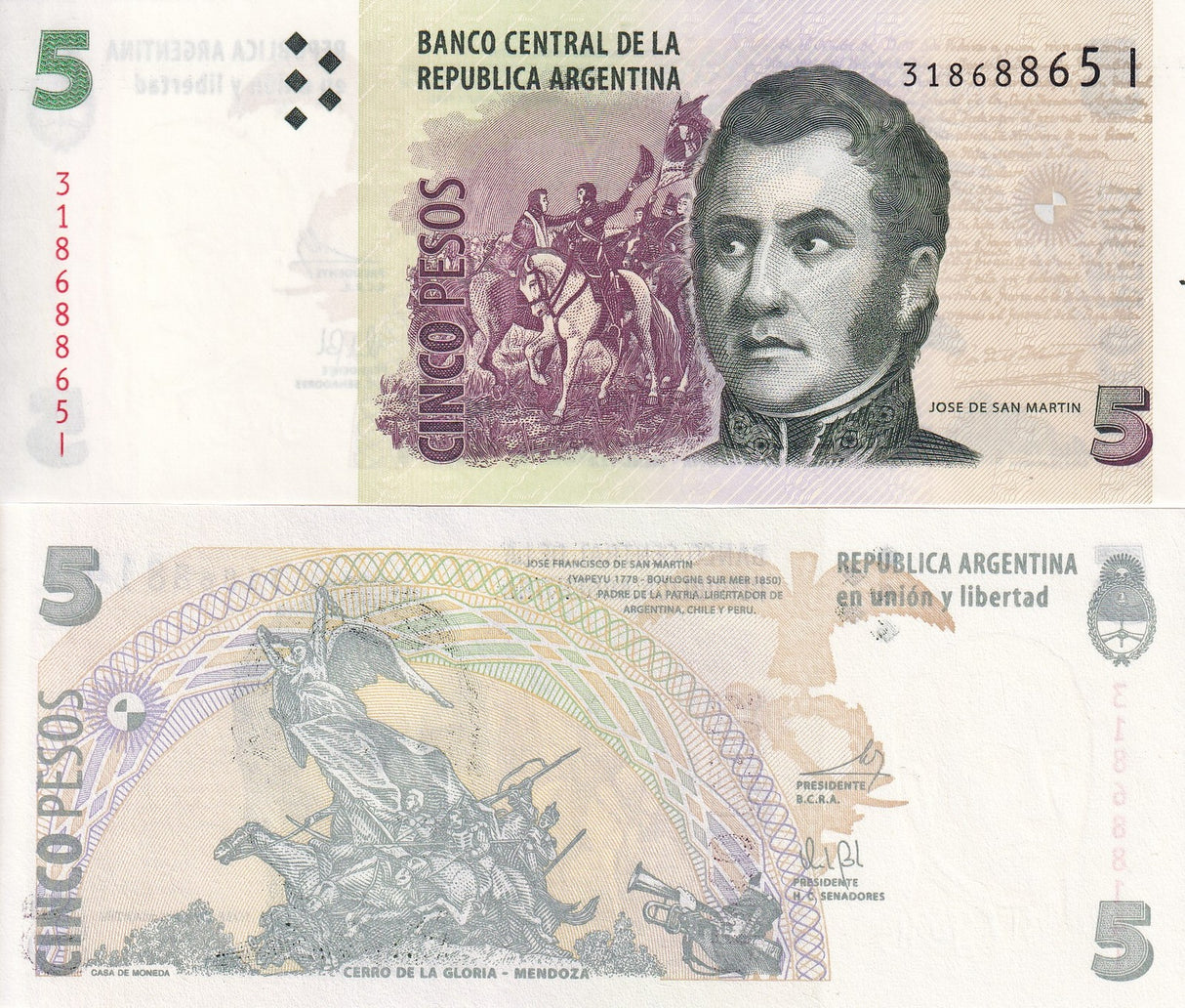 Argentina 5 Pesos ND 2012 P 353 Mixed Suffix UNC