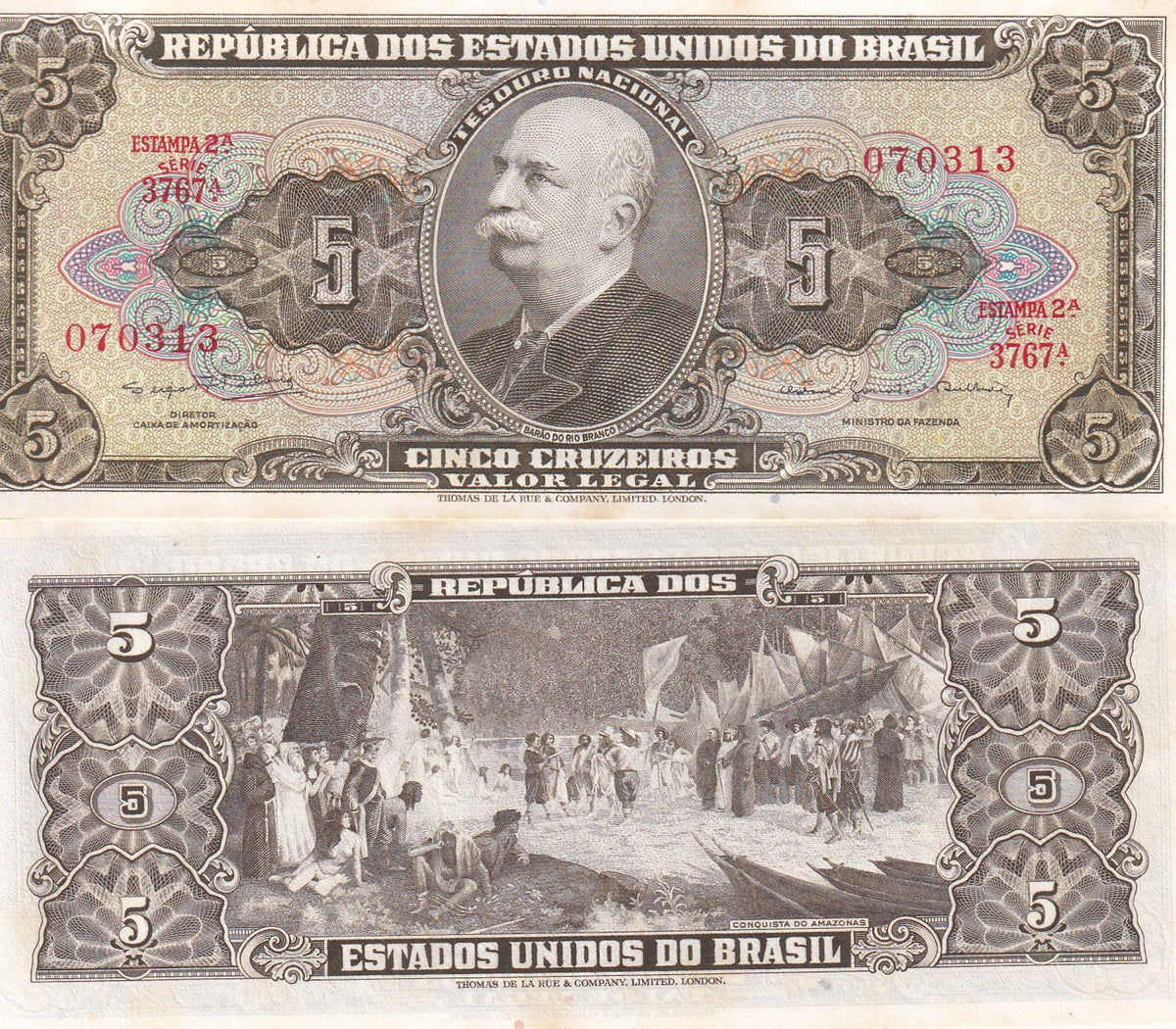 Brazil 5 CRUZEIROS ND 1962-1964 P 176 d UNC ,Little Yellow Tone, Conquest