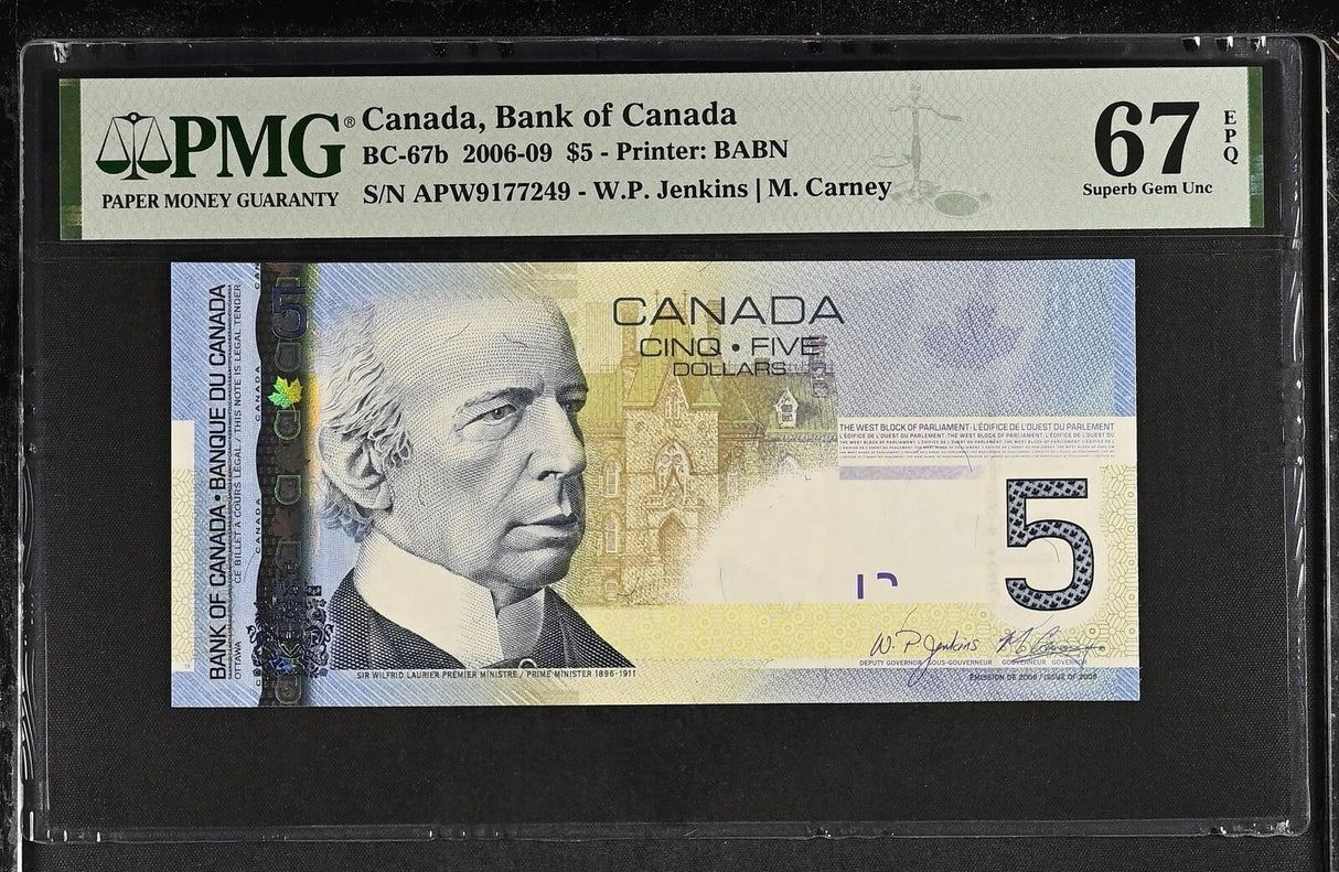 Canada 5 Dollars 2006/2008 P 101A Jenkins Carney Superb Gem UNC PMG 67 EPQ