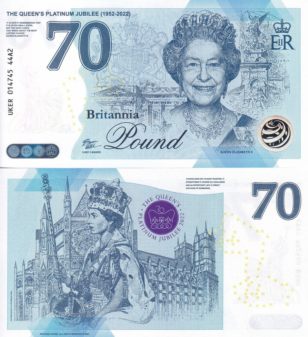 Great Britain 70 Pounds ND 1952-2022 Test Note QUEEN PLATINUM JUBILEE Comm. # 2