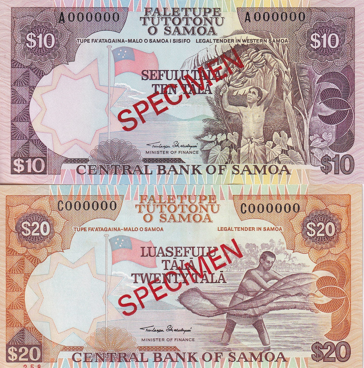 Western Samoa Set 2 UNC 10 20 Tala 2002 P 34 35 Specimen , Fisherman