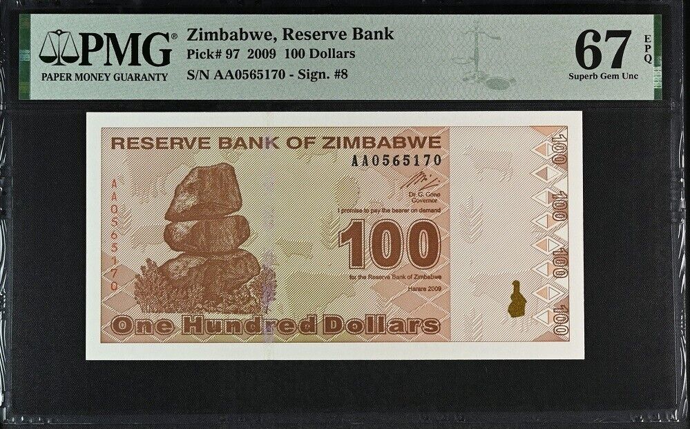 Zimbabwe 100 Dollars 2009 P 97 Superb Gem UNC PMG 67 EPQ